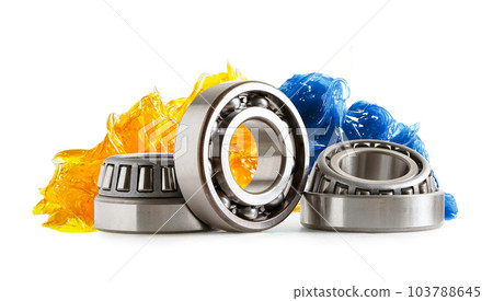 Grease and ball bearing, Blue premium quality synthetic lithium complex grease, high temperatures and machinery lubrication for automotive and industrial. Grease and ball bearing, Blue premium quality synthetic lithium complex grease, high temperatures and machinery lubrication for automotive and industrial. 103788645