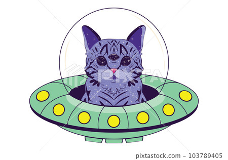 Purple alien cat in flying saucer Purple alien cat in flying saucer 103789405
