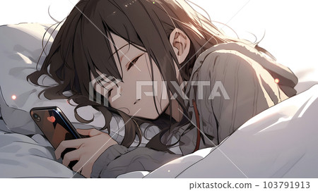 一個女人在床上看智能手機時睡著了(生成 AI) 一個女人在床上看智能手機時睡著了(生成 AI) 103791913