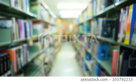 Blurred public library interior with aisle of bookshelf with textbooks and literature. Education, knowledge learning and background Blurred public library interior with aisle of bookshelf with textbooks and literature. Education, knowledge learning and background 103792215