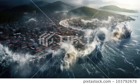 A tsunami destroys a city, a disaster and a catastrophe, a natural phenomenon, a cataclysm, an Armageddon, a post-apocalyptic town. Overhead view generated ai. 103792678