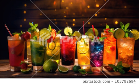 Assortment, a set of Refreshing cocktails on a dark background, menu, variety, different drinks, alcoholic and non-alcoholic. generated ai. 103792694