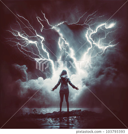 閃電和女性黑暗插畫藝術（AI 生成的圖像） 103793393