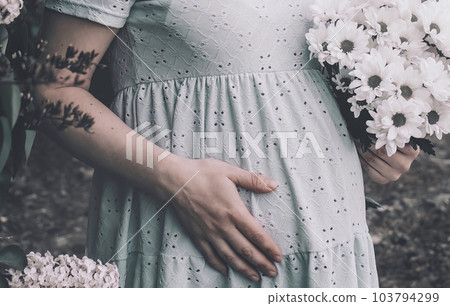 Close-up of a pregnant girl in a soft blue dress with a bouquet of white chrysanthemums in the garden 103794299