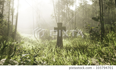 rugged grave marker in the tropical woods 103794701