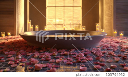 Spa bath with flowers, candles and tray, Stock image