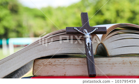 Close up dark brown wooden cross on old books with blur background   103795459