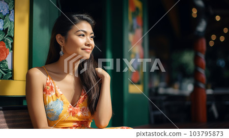 Smiling young asian woman sitting on a bench in front of as European-style cafe - generative AI, AI generated 103795873
