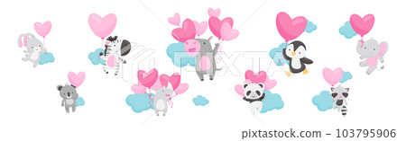 Funny Animals Flying with Heart Pink Balloon Among Clouds Vector Set 103795906