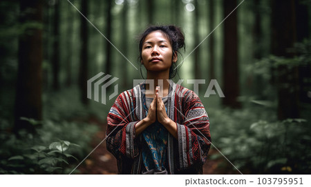 young adult woman, of Asian ethnicity, wearing athletic attire, stands in a forest setting - generative AI, AI generated young adult woman, of Asian ethnicity, wearing athletic attire, stands in a forest setting - generative AI, AI generated 103795951