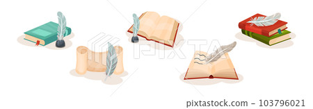 Old Books in Hard Cover with Pages and Scrolls with Quill Vector Set Old Books in Hard Cover with Pages and Scrolls with Quill Vector Set 103796021