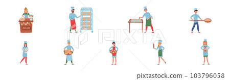 Man and Woman Baker Character in Apron and Toque Baking Bread and Pastry Vector Set 103796058