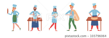 Man and Woman Baker Character in Apron and Toque Baking Bread and Pastry Vector Set Man and Woman Baker Character in Apron and Toque Baking Bread and Pastry Vector Set 103796064