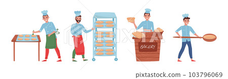 Man Baker Character in Apron and Toque Baking Bread and Pastry Vector Set Man Baker Character in Apron and Toque Baking Bread and Pastry Vector Set 103796069