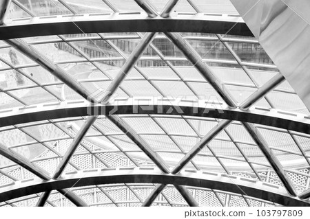 panoramic windows, steel structures, glass wall. Nur-Alem sphere in expo 2017 exhibition area. futuristic interior. Astana Nur-Sultan, Kazakhstan panoramic windows, steel structures, glass wall. Nur-Alem sphere in expo 2017 exhibition area. futuristic interior. Astana Nur-Sultan, Kazakhstan 103797809