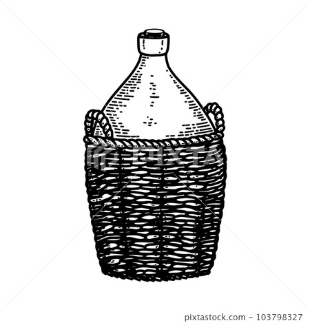 Illustration of big bottle of wine in engraving style. Design element for poster, card, banner, sign. Vector illustration Illustration of big bottle of wine in engraving style. Design element for poster, card, banner, sign. Vector illustration 103798327