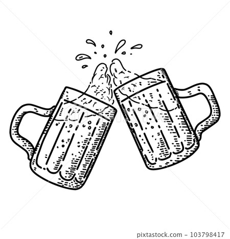 Illustration of beer mugs in engraving style. Design element for emblem, sign, poster, card, banner, flyer. Vector illustration 103798417