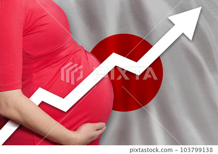 Close up pregnant woman on flag of Japan background. Birth rate up Close up pregnant woman on flag of Japan background. Birth rate up 103799138