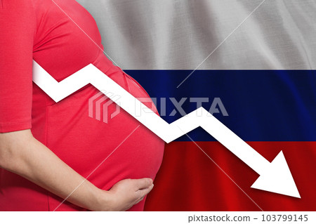 Russian pregnant woman on Russian flag background. Falling fertility rate in Russian Federation Russian pregnant woman on Russian flag background. Falling fertility rate in Russian Federation 103799145