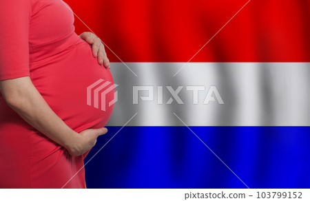 Closeup pregnant woman belly on flag of Netherlands background 103799152