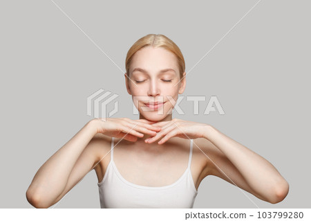 Portrait of pretty healthy woman. Facial treatment, body care and cosmetology concept Portrait of pretty healthy woman. Facial treatment, body care and cosmetology concept 103799280