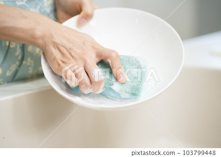 Young woman washing dishes Lifestyle image 103799448