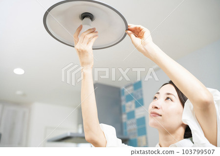 Young woman exchanging light bulbs Lifestyle image Young woman exchanging light bulbs Lifestyle image 103799507