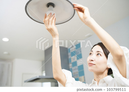 Young woman exchanging light bulbs Lifestyle image Young woman exchanging light bulbs Lifestyle image 103799511