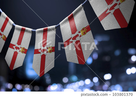 A garland of Northern Ireland national flags on an abstract blurred background 103801370