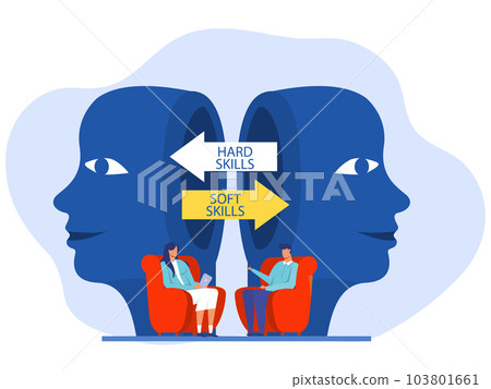 Woman and man Office Workers Empathy, Communication Hard VS Soft Skills Concept on big head human Idea Development ,Multiple Intelligences Vector Illustration 103801661