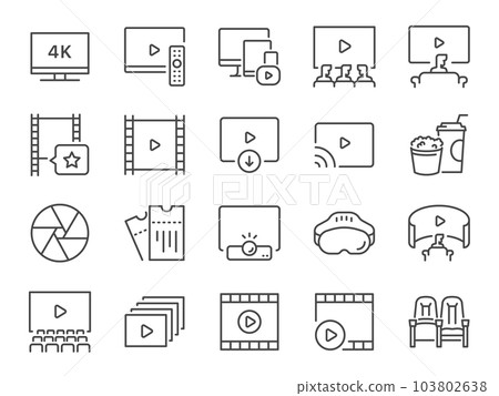 Movie icon set. It included clip, video, entertainment, tv show, and more icons. Editable Vector Stroke. 103802638