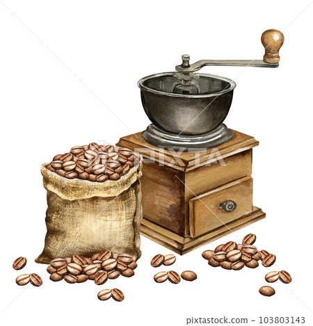 watercolor gunny sack with coffee beans, illustration of full canvas bag with beans, textured brown coffee sack isolated on white background 103803143