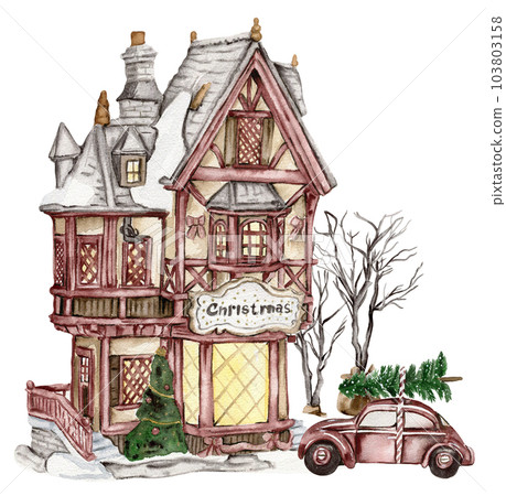 Watercolor house, windmill in winter. Christmas winter house with a snow-covered roof and light in windows hand drawn with watercolor . Watercolor illustration. Winter cottage. 103803158