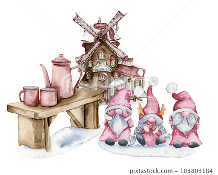 Composition of a windmill and gnomes in the snow. Watercolor hand drawn illustration. Composition of a windmill and gnomes in the snow. Watercolor hand drawn illustration. 103803184
