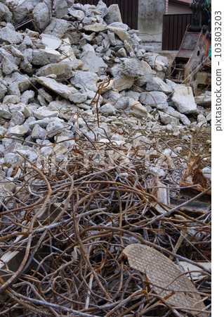 House demolition site Reinforced concrete Demolition of concrete walls and foundations Mountain of rubble 103803203