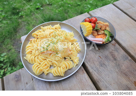 Pasta dishes made outdoors 103804085