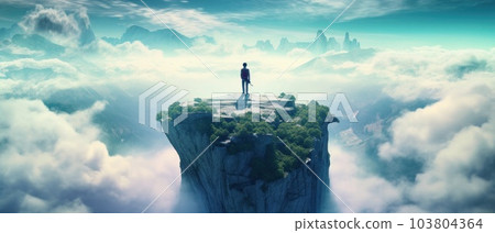 A man standing on rock on a mountain overlooking the clouds. Illustration AI Generative 103804364