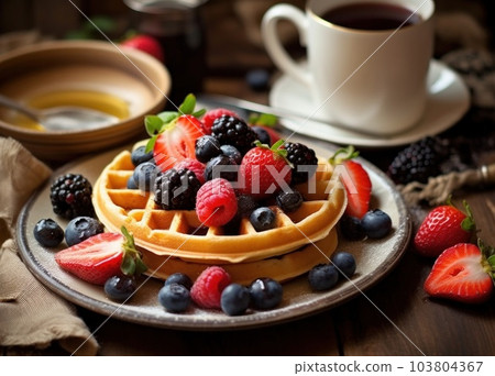 Waffle plate with berries. Illustration AI Generative 103804367