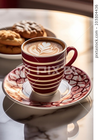 Cup of coffee with milk and some biscuits on a table Illustration AI Generative 103804436