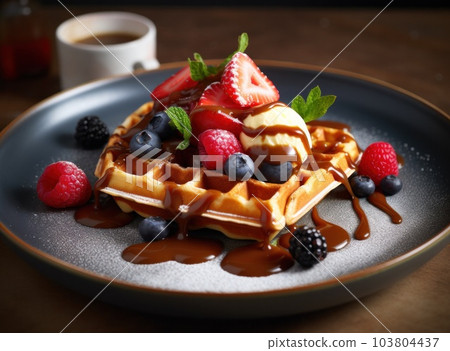Waffle plate with berries. Illustration AI Generative 103804437