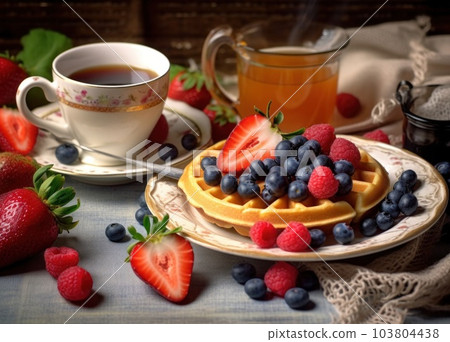 Waffle plate with berries. Illustration AI Generative 103804438