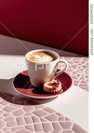 Cup of coffee with milk and some biscuits on a table Illustration AI Generative 103804439