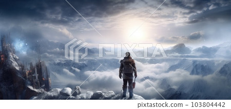 A man standing on rock on a mountain overlooking the clouds. Illustration AI Generative 103804442