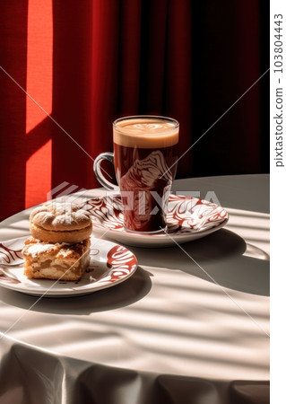 Cup of coffee with milk and some biscuits on a table Illustration AI Generative 103804443