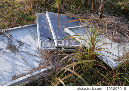 太陽能電池板放置在田地裡，上面覆蓋著草 103807046