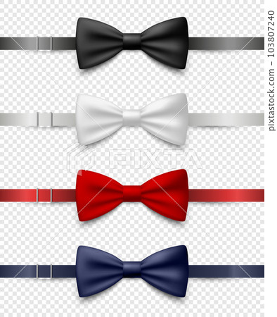 Vector 3d Realistic Blue, Black, Red, White Bow Tie Icon Set Closeup Isolated. Silk Glossy Bowtie, Tie Gentleman. Mockup, Design Template. Bow tie for Man. Mens Fashion, Fathers Day Holiday Vector 3d Realistic Blue, Black, Red, White Bow Tie Icon Set Closeup Isolated. Silk Glossy Bowtie, Tie Gentleman. Mockup, Design Template. Bow tie for Man. Mens Fashion, Fathers Day Holiday 103807240