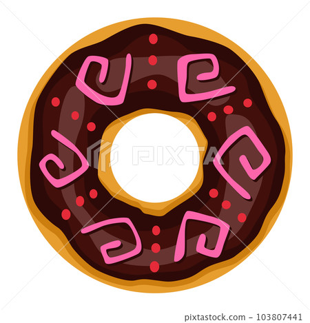 Donut. Top view sweet dessert into glaze for menu design, cafe decoration or delivery box. Candy food with sprinkles. Traditional breakfast 103807441
