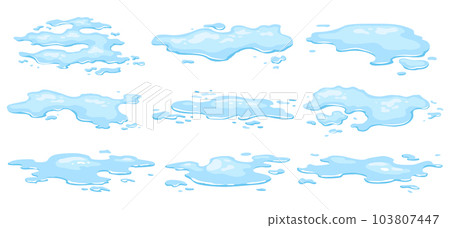 Water spill puddles set. Blue liquid various shape in flat cartoon style. Clean fluid drop design elements isolted on white background 103807447