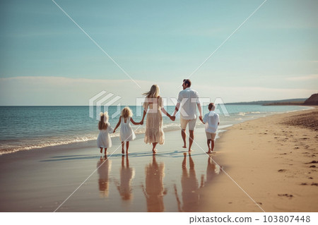 happy family walks along beach, holding hands. rear view 103807448