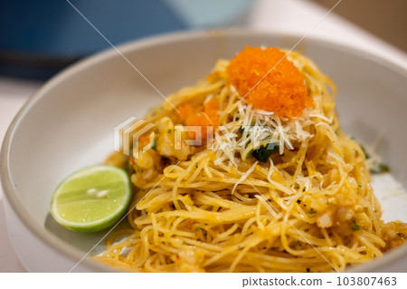 Spaghetti spicy shrimp with tobiko or flying fish roe Spaghetti spicy shrimp with tobiko or flying fish roe 103807463